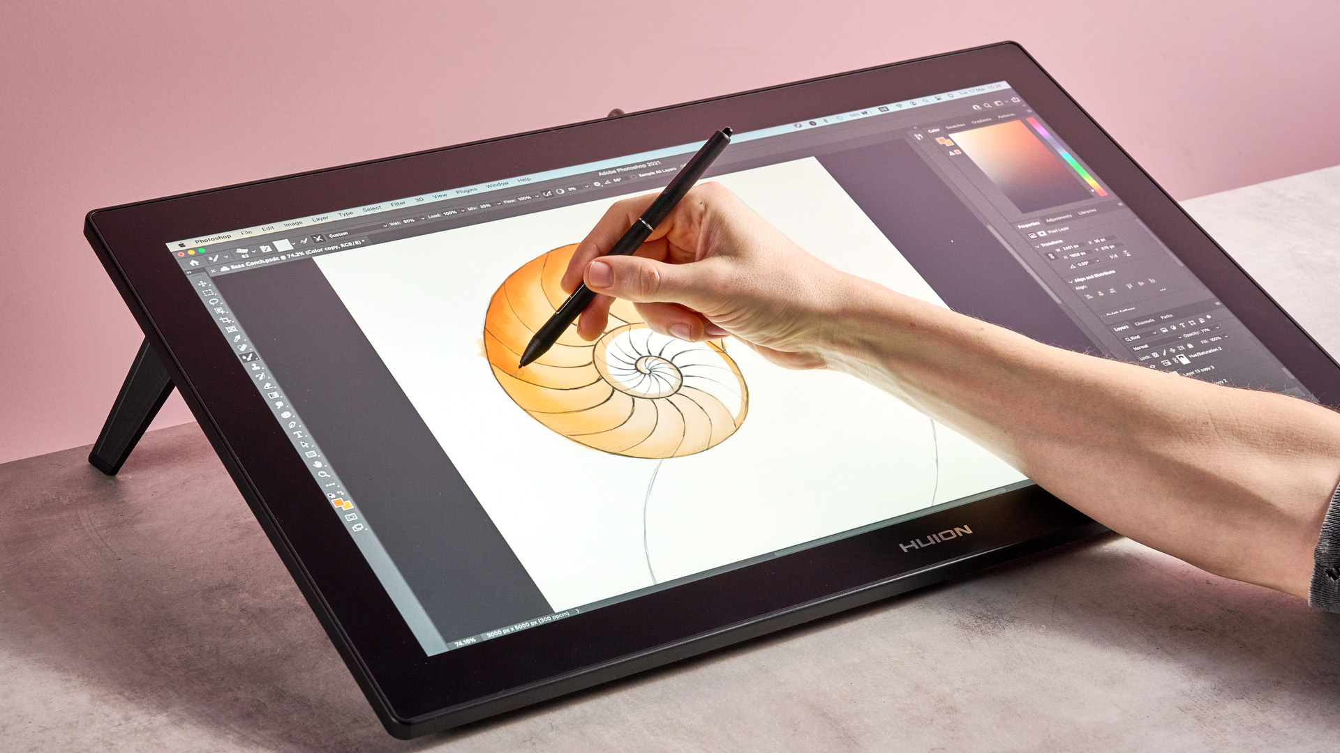 A hand paints with an orange oil brush on a sketch of a nautilus shell on the Huion Kamvas Pro 24 Gen 3.