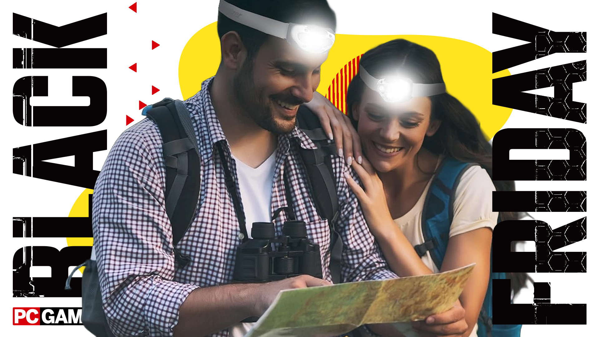 Two people photoshopped to look like they&#039;re wearing headlamps while they read a map