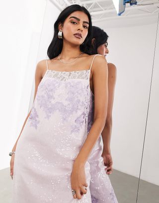 Asos Edition Embroidered Lace and Sequin Panelled Cami Column Midi Dress in Lilac