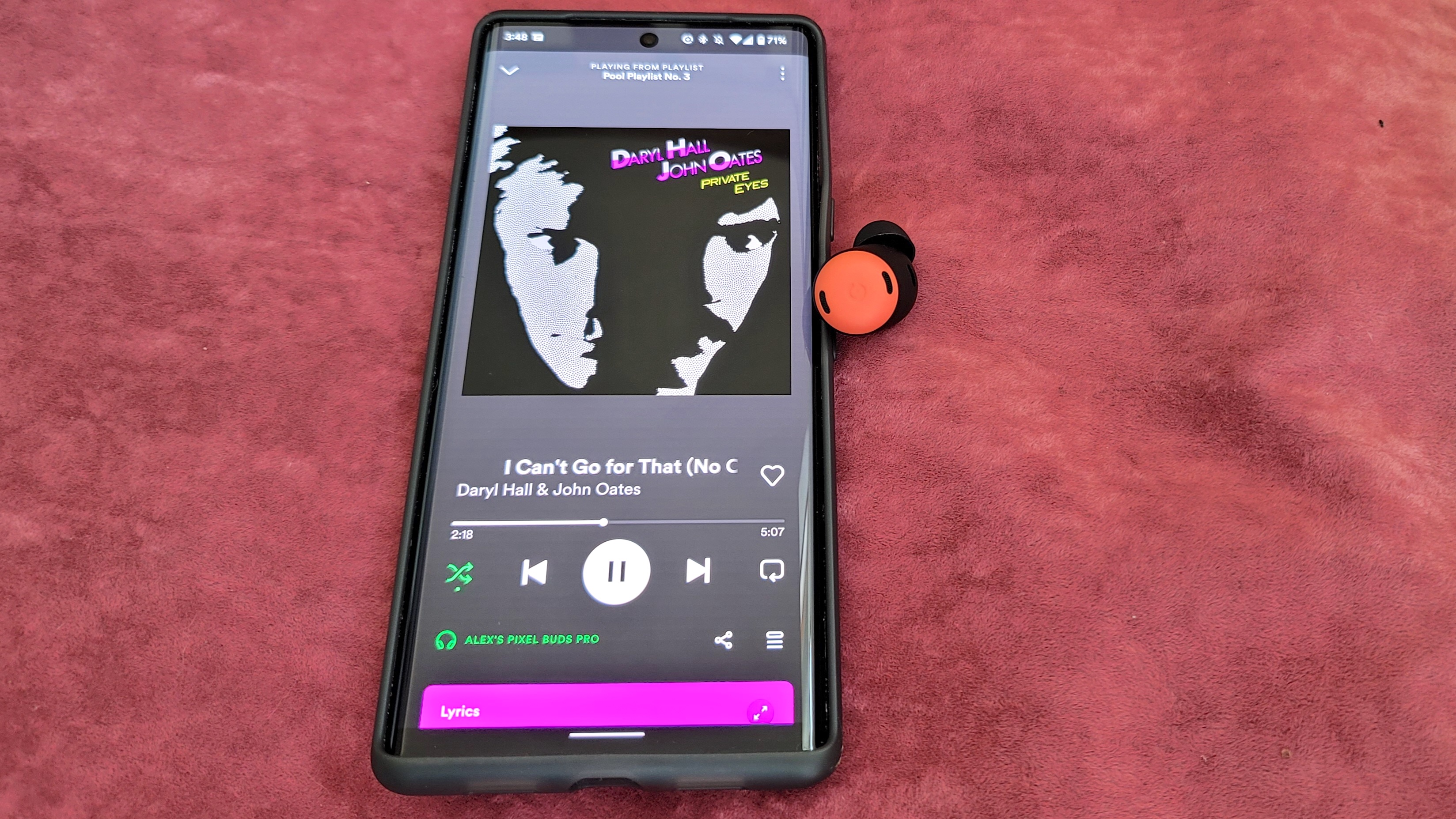 The Google Pixel Buds Pro playing Hall & Oates "I Can't Go For That (No Can't Do)" during our testing