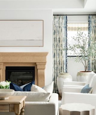 alabaster living room with navy and blue floral accents