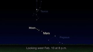 Mars will shine near the crescent moon in the western night sky on Feb. 10, 2019.