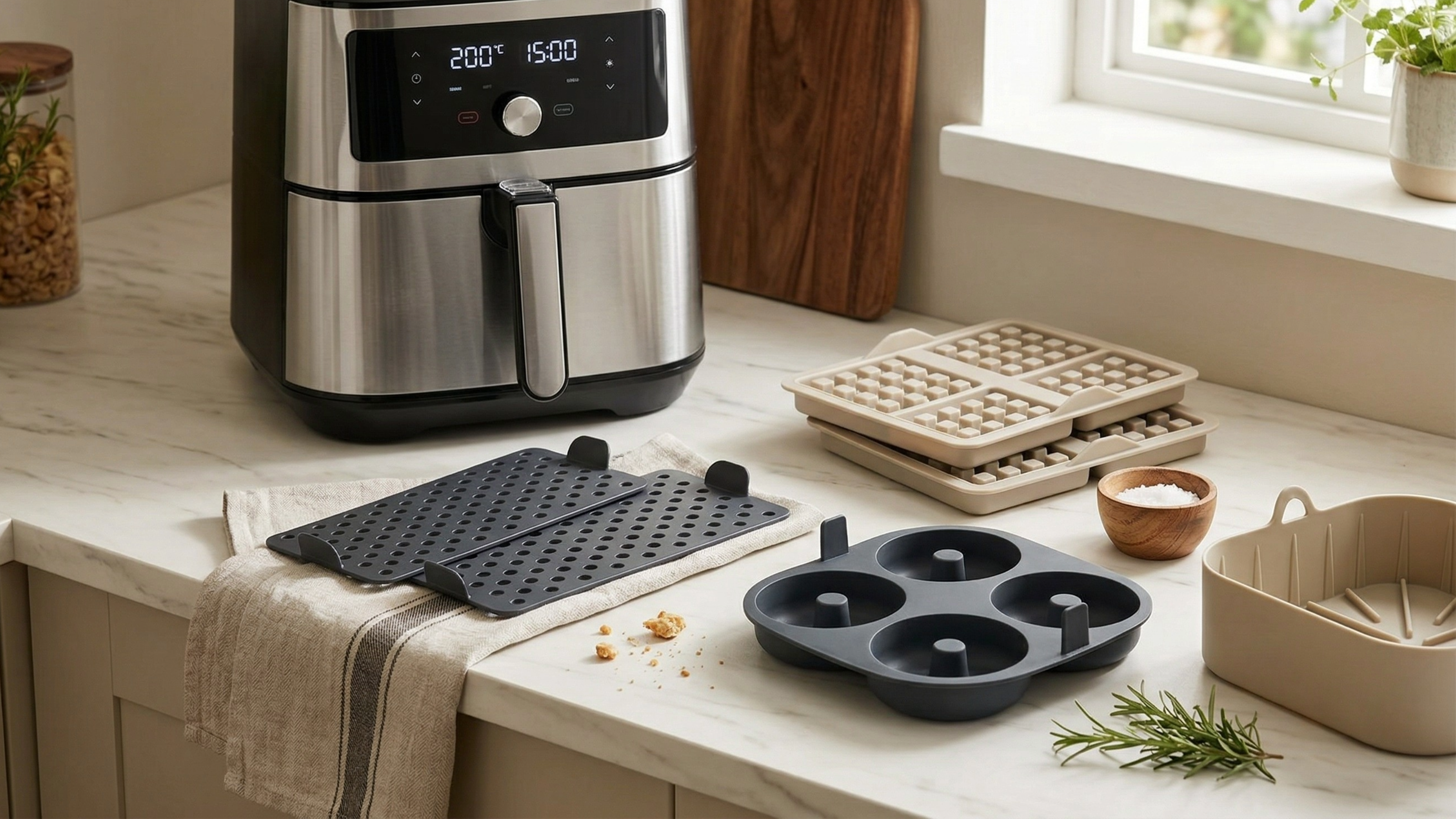 Gemini-generated image of Aldi's air fryer accessories on a marble kitchen worktop, next to an air fryer