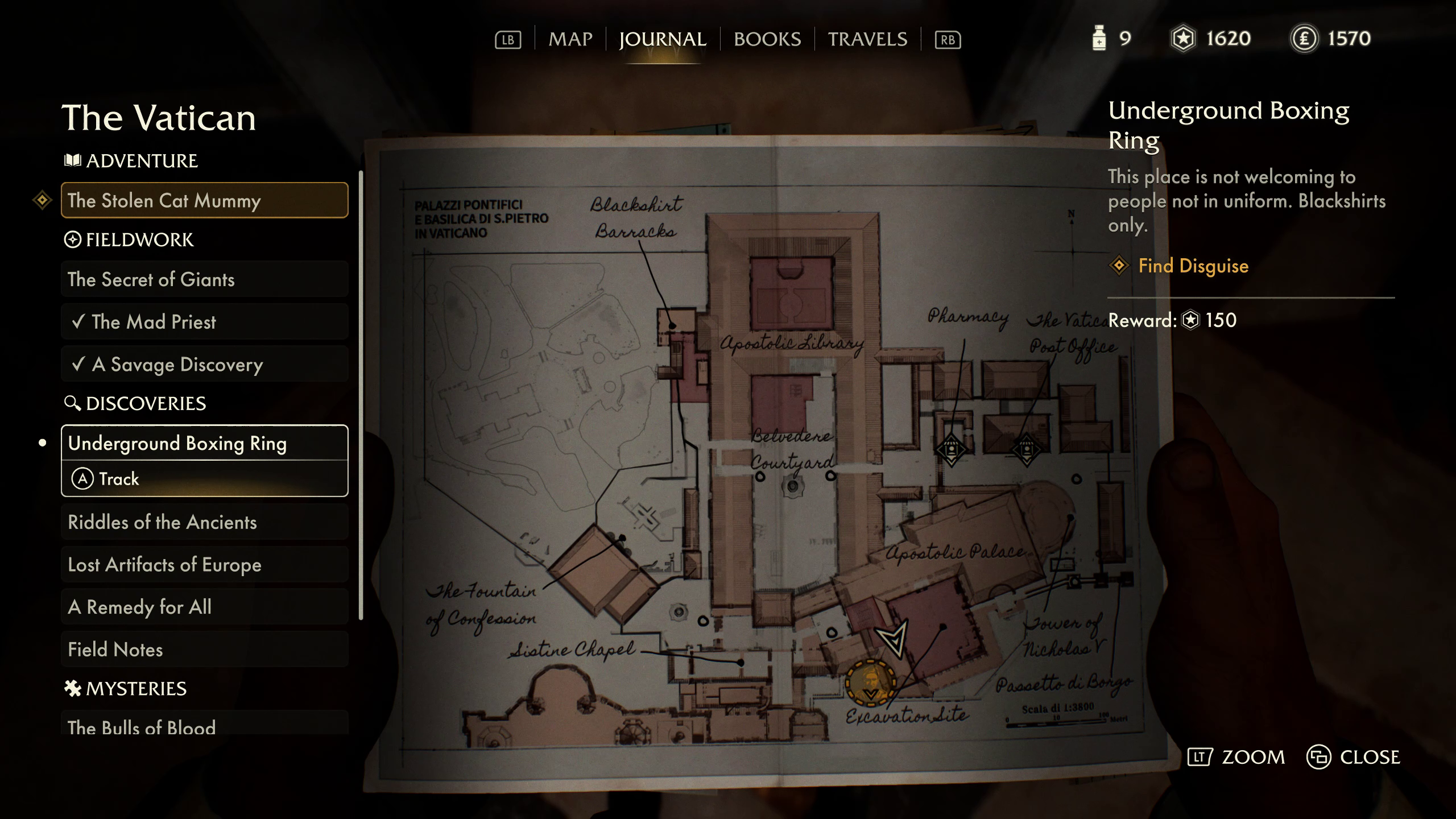 Map screenshot showing location of Blackshirt disguise in The Great Circle