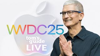 Tim Cook standing in front of an apple logo with wwdc 25