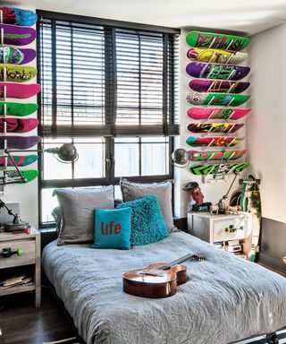 skateboard wall with bed and side table