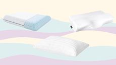 Best memory foam pillow: pastel wavy background with three types of pillows on top