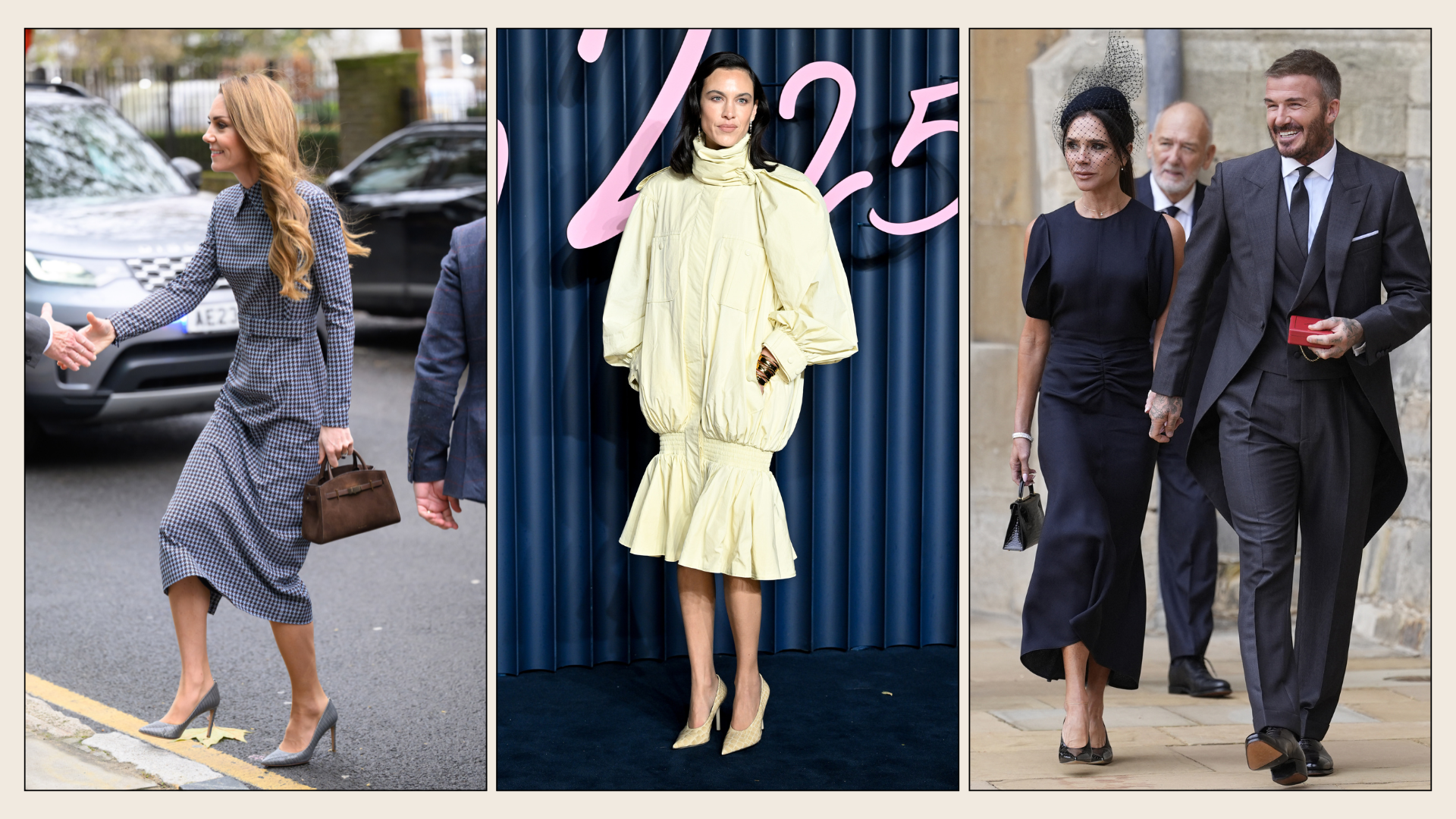 An image of chic Londoners including Alexa Chung, Kate Middleton and Victoria Beckham wearing croc heels to the 2025 Fashion Awards.