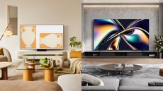 a samsung frame in a living room, and a hisense u8 tv in a modern grey living room