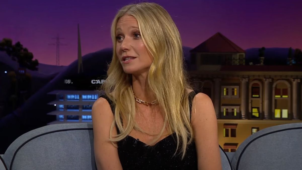 Gwyneth Paltrow on The Late Late Show looking to her left while talking.