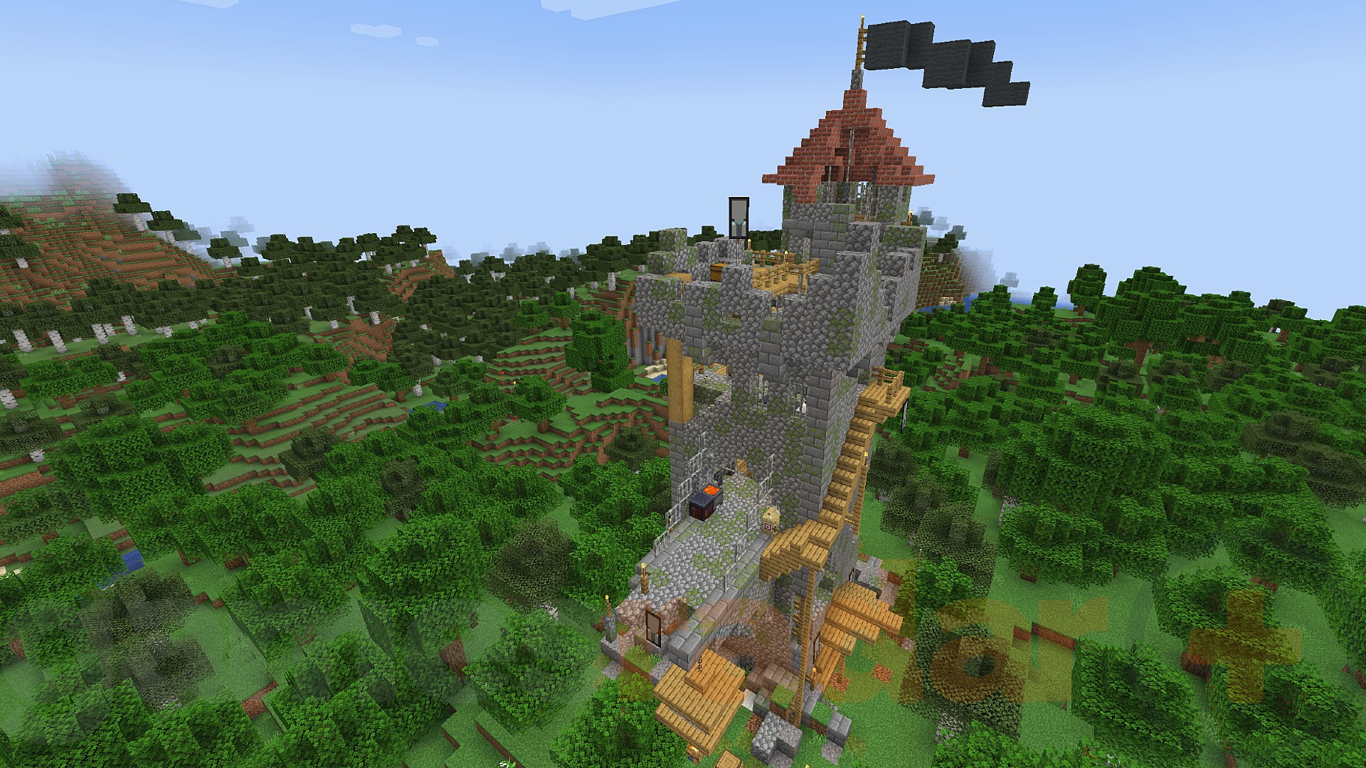 A tall stone tower with a flag atop it, seen in the Towns and Towers Minecraft mod.