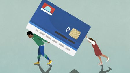 Illustration of couple carrying an enormous, heavy credit card