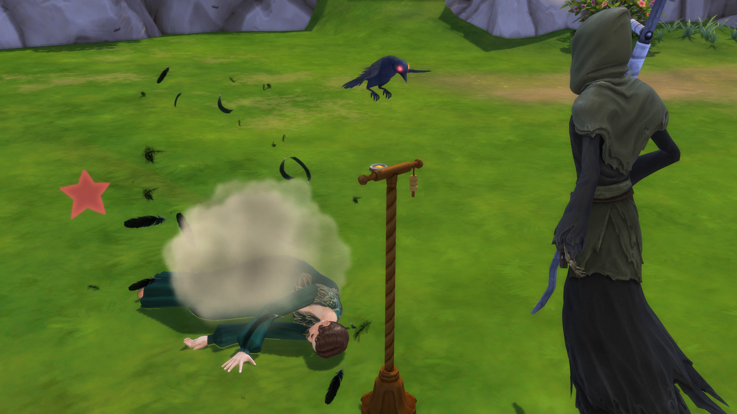 The Sims 4 Life &amp;amp; Death - A sim lying on the ground killed by a crow while the Grim Reaper watches