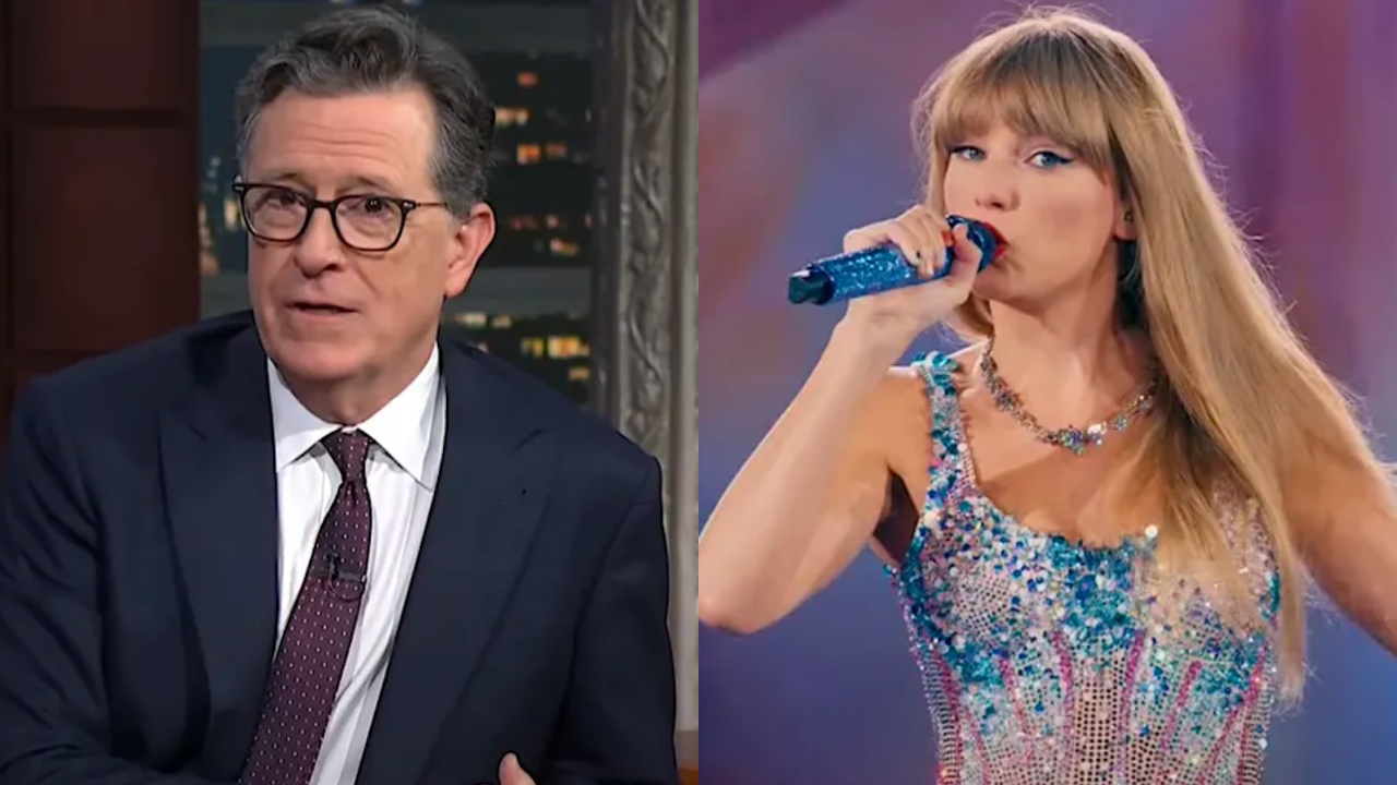Stephen Colbert on The Late Show and Taylor Swift in the Eras Tour movie.