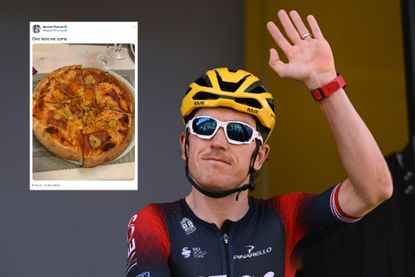 Geraint Thomas waving with a tweet added with a picture of a pizza