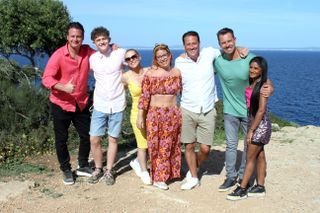 Luke Morgan with his close friends, family and fiancé Cindy in Hollyoaks. 