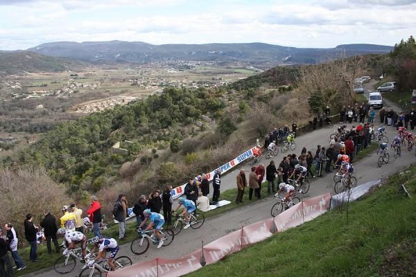 The field ascends a climb during the race