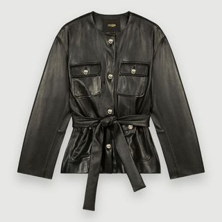 flat lay image of a maje black leather jacket with a waist tie and statement buttons