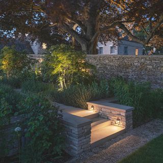 garden steps with lights in wall