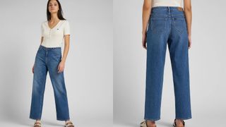 composite of model wearing lee wide leg long blue jeans in blue alton colorway from the front and back