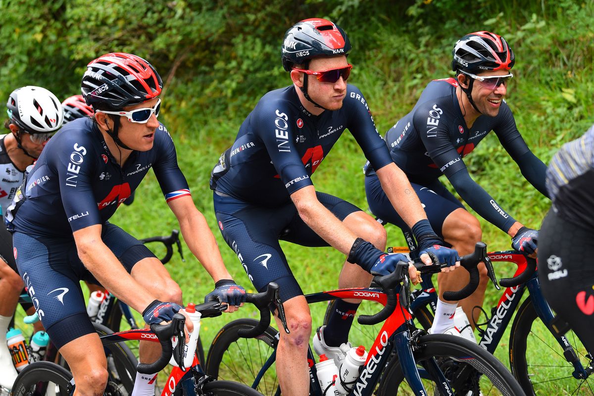 Tour de France 2021 108th Edition 17th stage Muret Col du Portet 1784 km 14072021 Jonathan Castroviejo ESP Ineos Grenadiers Tao Geoghegan Hart GBR Ineos Grenadiers Geraint Thomas GBR Ineos Grenadiers photo Dario BelingheriBettiniPhoto2021