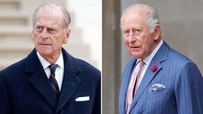 A picture of Prince Philip attending a dedication ceremony for the new Armed Forces Memorial in 2007 and a picture of King Charles attending a viewing of the Bayeux Tapestry Exhibition