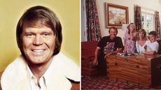 a splitscreen with glen campbell on the left and his red living room on the right