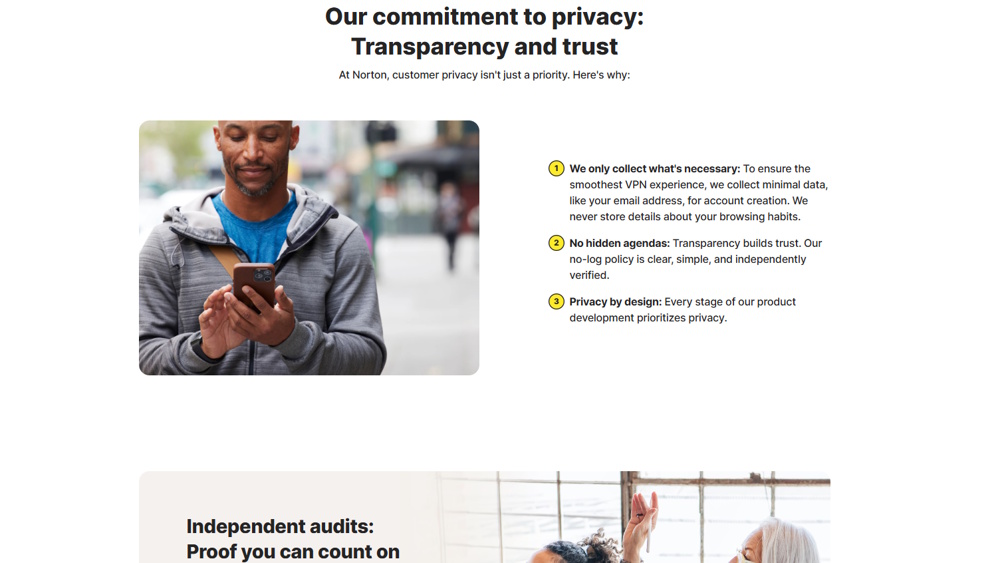 Screengrab from the Norton VPN website showing its pledge towards privacy and transparency