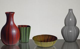 'Rigati e tessuti' glass vases and bowl, c.1938-1940, part of the 'Rigati e tessuti' series
