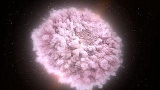 A simulation of a neutron star merger ejecting material into space.