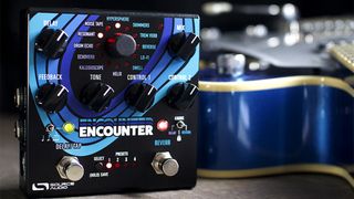 Source Audio dials up the ambience with the Encounter – six reverbs, six delays, one tricked-out pedal for “deeply immersive soundscapes” featuring MIDI I/O, full stereo operation, and a black enclosure with blue swirly graphic.