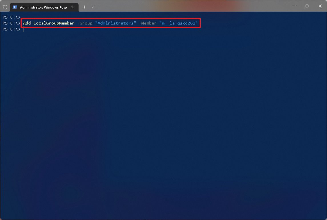 PowerShell alterar o tipo de conta para administrador