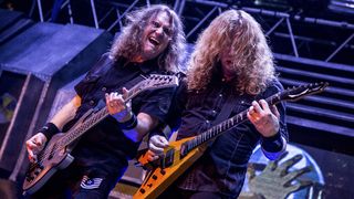 BUENOS AIRES, ARGENTINA - AUGUST 22: Dave Mustaine and David Ellefson performs during Megadeth concert as part of Dystopia World Tour at Luna Park on August 22, 2016 in Buenos Aires, Argentina. (Photo by Santiago Bluguermann/LatinContent via Getty Images)