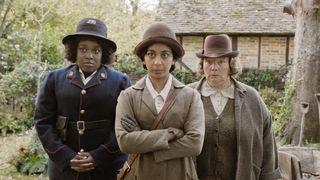 Lolly Adefope, Anjana Vasan, and Joanna Scanlan in Wicked Little Letters.