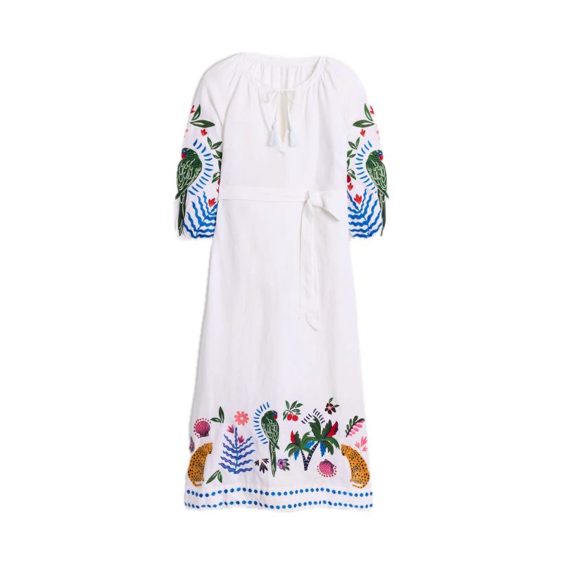 Boden , Embroidered Linen Tassel Dress