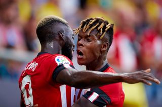 Iñaki Williams and brother Nico celebrate a goal for Athletic Club in August 2022.