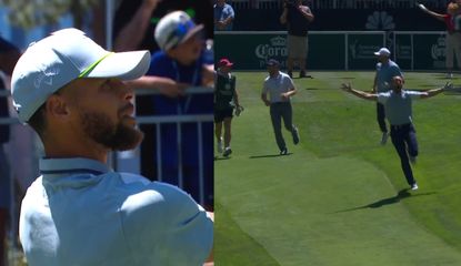 Steph Curry sprints down the fairway after a hole-in-one