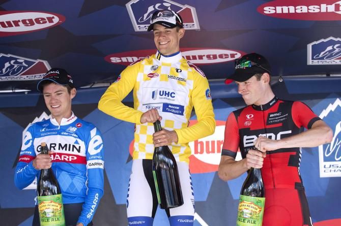 Kiel Reijnen (UnitedHealthcare) getting ready to spray some champagne