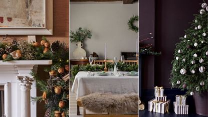 Christmas mantel decor ideas with a garland with dred oranges, cinnamon and pine cones / A simple rustic dining table with green garland and candlesticks / A purple living room with navy fireplace deocrated with a fir garland, a full christmas tree with baubles stands besides