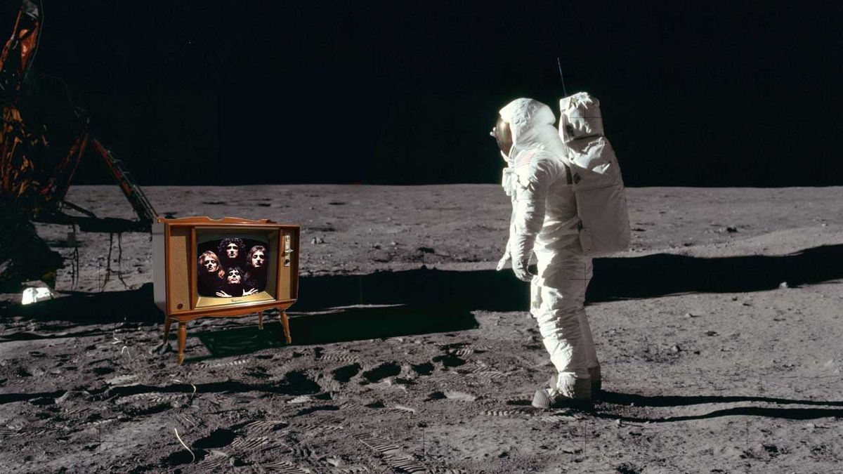 Buzz Aldrin watching a TV on the moon which is showing Queen&#039;s Bohemian Rhapsody