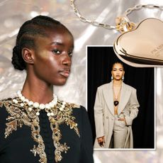 Graphic of fall 2023 jewelry trends of pearl necklaces, pendant necklaces, brooch, and a prada necklace,