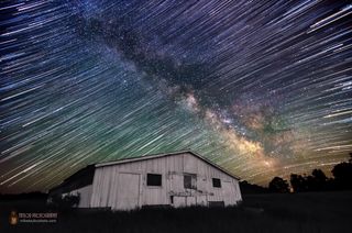 Mike Taylor sent SPACE.com this photo, which is a composite of 81 frames from a static time lapse of the Milky Way moving across the sky over rural Maine. Taylor stacked the frames of this sequence to make a standard star trails image and then blended/masked in a single frame of the Milky Way. He used a Nikon D7000 camera and a Tokina 11-16mm at 11mm, f/2.8, 25 sec, ISO 1600 on June 10, 2013 to capture the image.