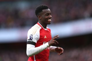 Eddie Nketiah celebrates after scoring a hat-trick for Arsenal against Sheffield United in October 2023.