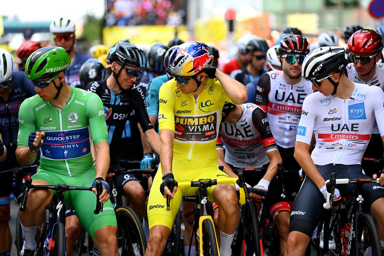 (l-r) Jasper Philipsen in green, Wout van Aert in yellow, and Tadej Pogačar in white the last time the Tour de France visited Lille, in 2022