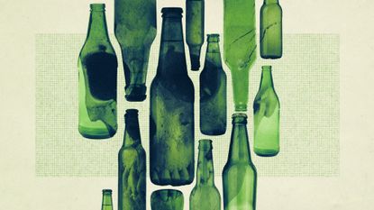 Photo collage of beer bottles, some full and some empty, with an overlay of a human skull just barely visible over them.