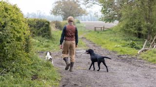 man in vintage clothing walking his two gundogs