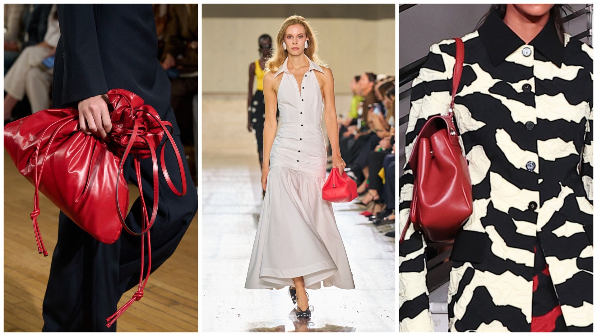 collage of red bags on the spring 2027 runways