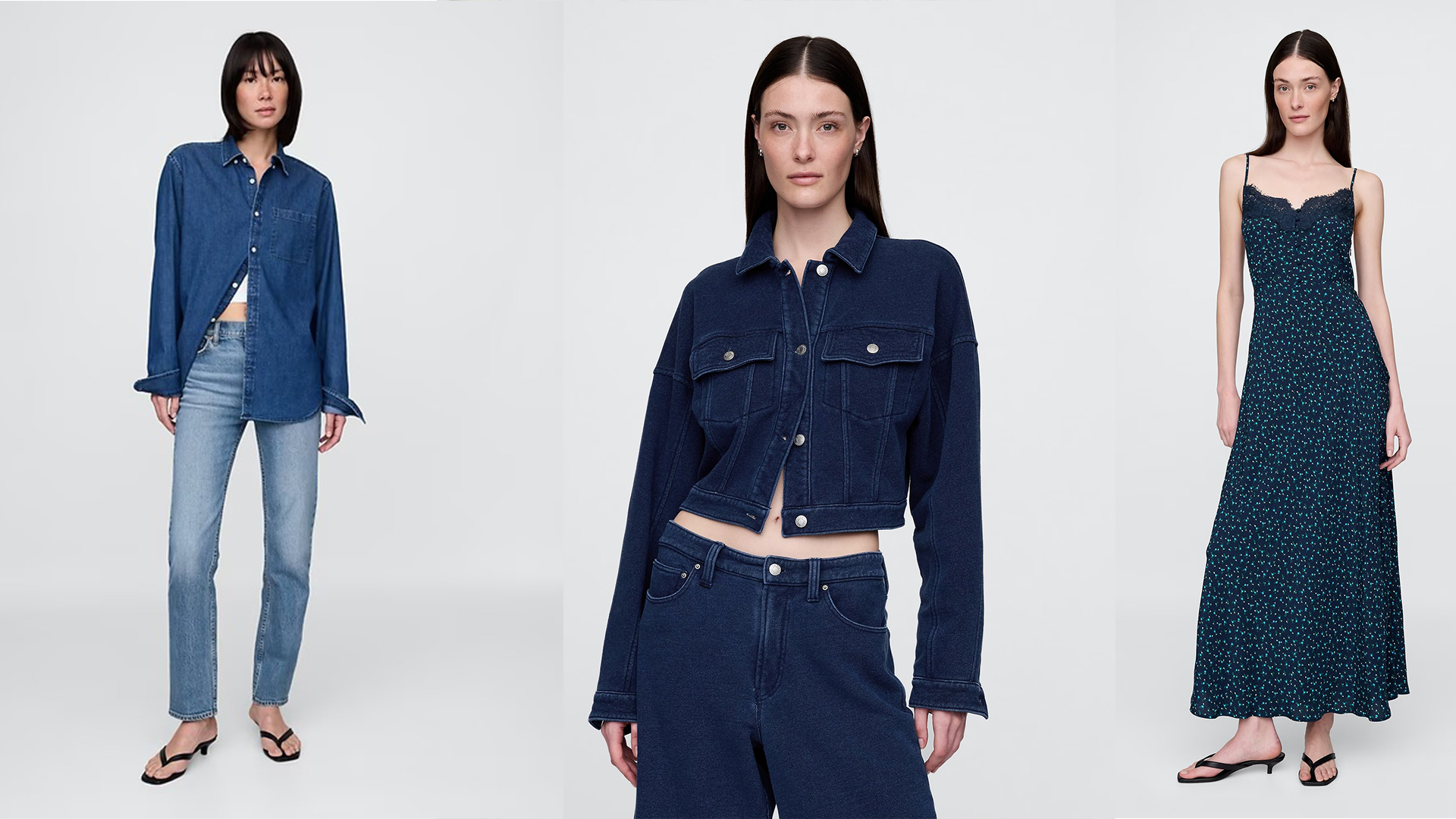 gap models wear gap jeans, jackets, and dresses