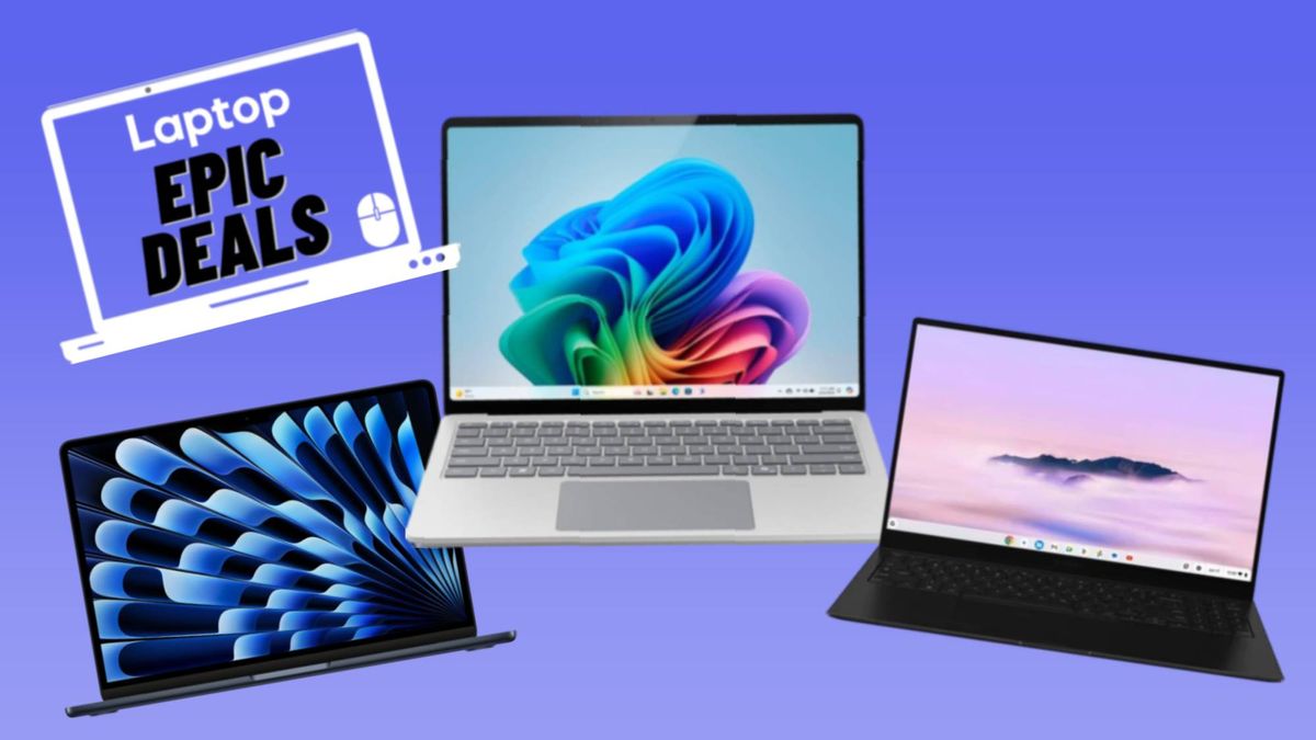 Presidents&#039; Day laptop deals MacBook Air, Surface Laptop 7, Galaxy Chromebook Plus against blue gradient background