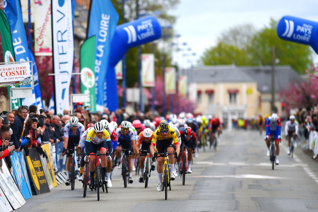 LE LUDE FRANCE APRIL 06 LR Mads Pedersen of Denmark and Team Trek Segafredo Yellow Leader Jersey and Olav Kooij of Netherlands and Team Jumbo Visma sprint to win during the 68th Circuit Cycliste Sarthe Pays de la Loire 2022 Stage 2 a 1747km stage from Le Lude to Le Lude CircuitSarthe on April 06 2022 in Le Lude France Photo by Dario BelingheriGetty Images